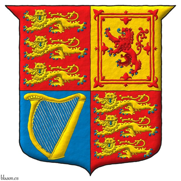 Escudo cuartelado: 1o y 4o de gules, tres leopardos en palo de oro, lampasados y armados de azur; 2o de oro, un len de gules, armado y lampasado de azur, encerrado en un trechor doble flordelisado y contraflordelisado de gules; 3o de azur, un arpa de oro cordada de plata.