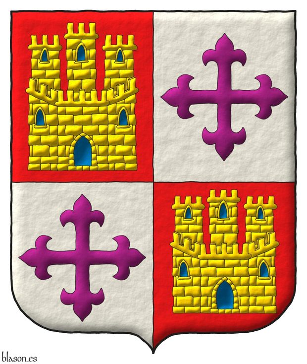 Escudo de cuartelado: 1o y 4o de gules, un castillo de oro, aclarado de azur, mazonado de sable; 2o y 3o de plata, una cruz flordelisada de prpura.