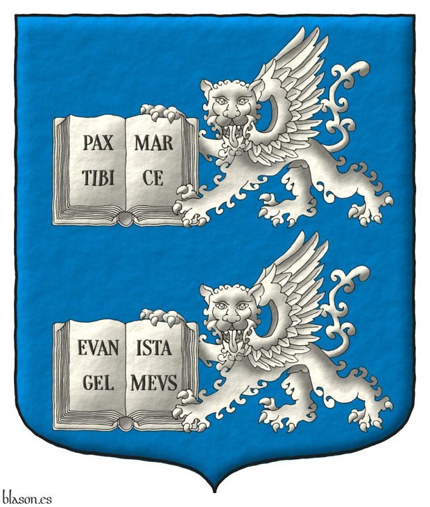 Azure, two lions passant, guardant, winged, each holding in its paws an open book Argent, with the inscription Pax Tibi Marce Evangelista Meus Sable distributed on their four pages.