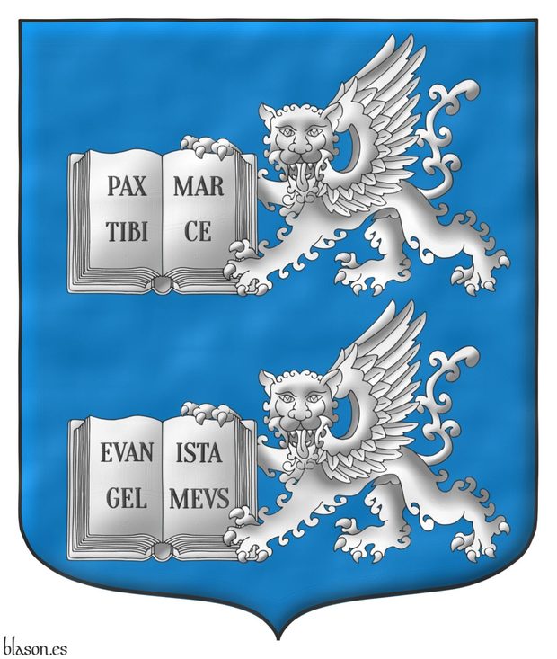 Escudo de azur, dos leopardos alados, teniendo cada uno en sus garras un libro abierto todo de plata, con la inscripcin Pax Tibi Marce Evangelista Meus de sable distribuida en sus cuatro pginas.