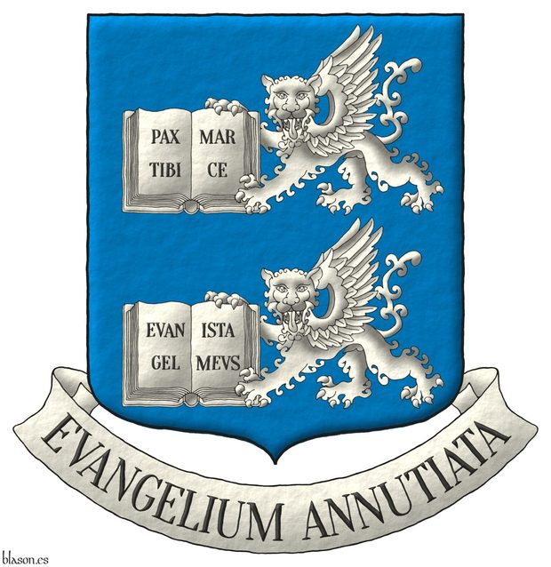 Azure, two lions passant, guardant, winged, each holding in its paws an open book Argent, with the inscription Pax Tibi Marce Evangelista Meus Sable distributed on their four pages. Motto: Evangelium Annutiata.