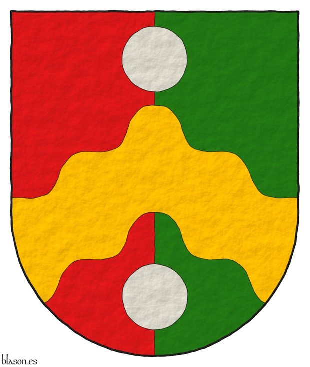 Escudo partido de gules y sinople, brochante sobre el todo un cabrio ondado de oro acompaado de dos bezantes en palo de plata.