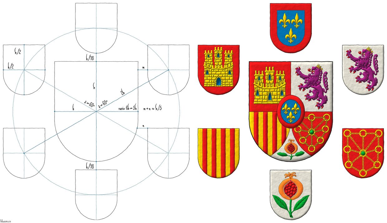 Quarterly: 1 Gules, a castle triple-towered Or, port and windows Azure, masoned Sable [for Castile]; 2 Argent, a lion rampant Purpure, armed and langued Gules, crowned Or [for Leon]; 3 Or, four pallets Gules [for Aragon]; 4 Gules, a chain orlewise, crosswise, and saltirewise Or, charged in the fess point with an emerald Vert [for Navarre]; ent� en point Argent, a pomegranate proper, seeded Gules, slipped and leaved Vert [for Granada]; an inescutcheon Azure, three fleurs de lis Or, 2 and 1, a bordure Gules [for Bourbon].