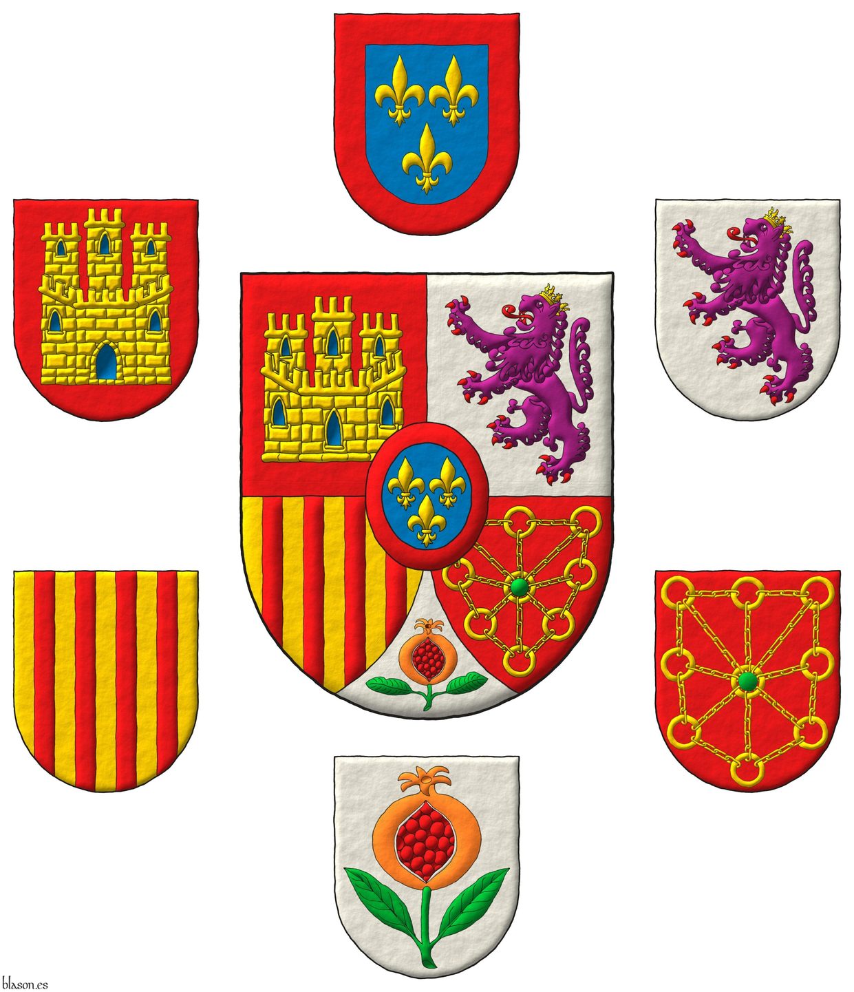 Quarterly: 1 Gules, a castle triple-towered Or, port and windows Azure, masoned Sable [for Castile]; 2 Argent, a lion rampant Purpure, armed and langued Gules, crowned Or [for Leon]; 3 Or, four pallets Gules [for Aragon]; 4 Gules, a chain orlewise, crosswise, and saltirewise Or, charged in the fess point with an emerald Vert [for Navarre]; ent� en point Argent, a pomegranate proper, seeded Gules, slipped and leaved Vert [for Granada]; an inescutcheon Azure, three fleurs de lis Or, 2 and 1, a bordure Gules [for Bourbon].