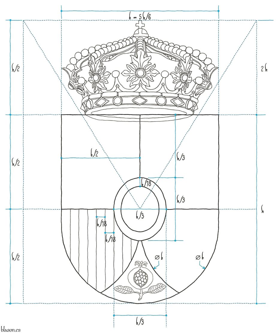 Quarterly: 1 Gules, a castle triple-towered Or, port and windows Azure, masoned Sable [for Castile]; 2 Argent, a lion rampant Purpure, armed and langued Gules, crowned Or [for Leon]; 3 Or, four pallets Gules [for Aragon]; 4 Gules, a chain orlewise, crosswise, and saltirewise Or, charged in the fess point with an emerald Vert [for Navarre]; ent� en point Argent, a pomegranate proper, seeded Gules, slipped and leaved Vert [for Granada]; an inescutcheon Azure, three fleurs de lis Or, 2 and 1, a bordure Gules [for Bourbon].