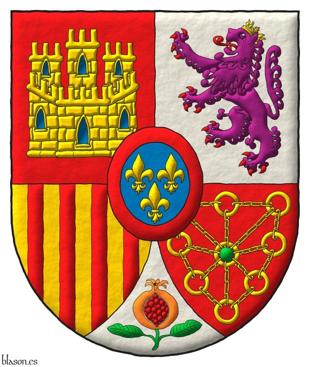 Escudo cuartelado: 1o de gules, un castillo de oro, aclarado de azur, mazonado de sable [de Castilla]; 2o de plata, un le�n rampante de p�rpura, lampasado y armado de gules, coronado de oro [de Le�n]; 3o de oro, con cuatro palos de gules [de Arag�n]; 4o de gules, una cadena puesta en orla, en cruz y en sotuer de oro, cargada en el centro de una esmeralda de sinople [de Navarra]; entado en punta de plata, una granada al natural, tajada de gules, tallada y hojada de sinople [de Granada]; un escus�n de azur, tres flores de lis de oro, 2 y 1, una bordura de gules [de Borb�n].