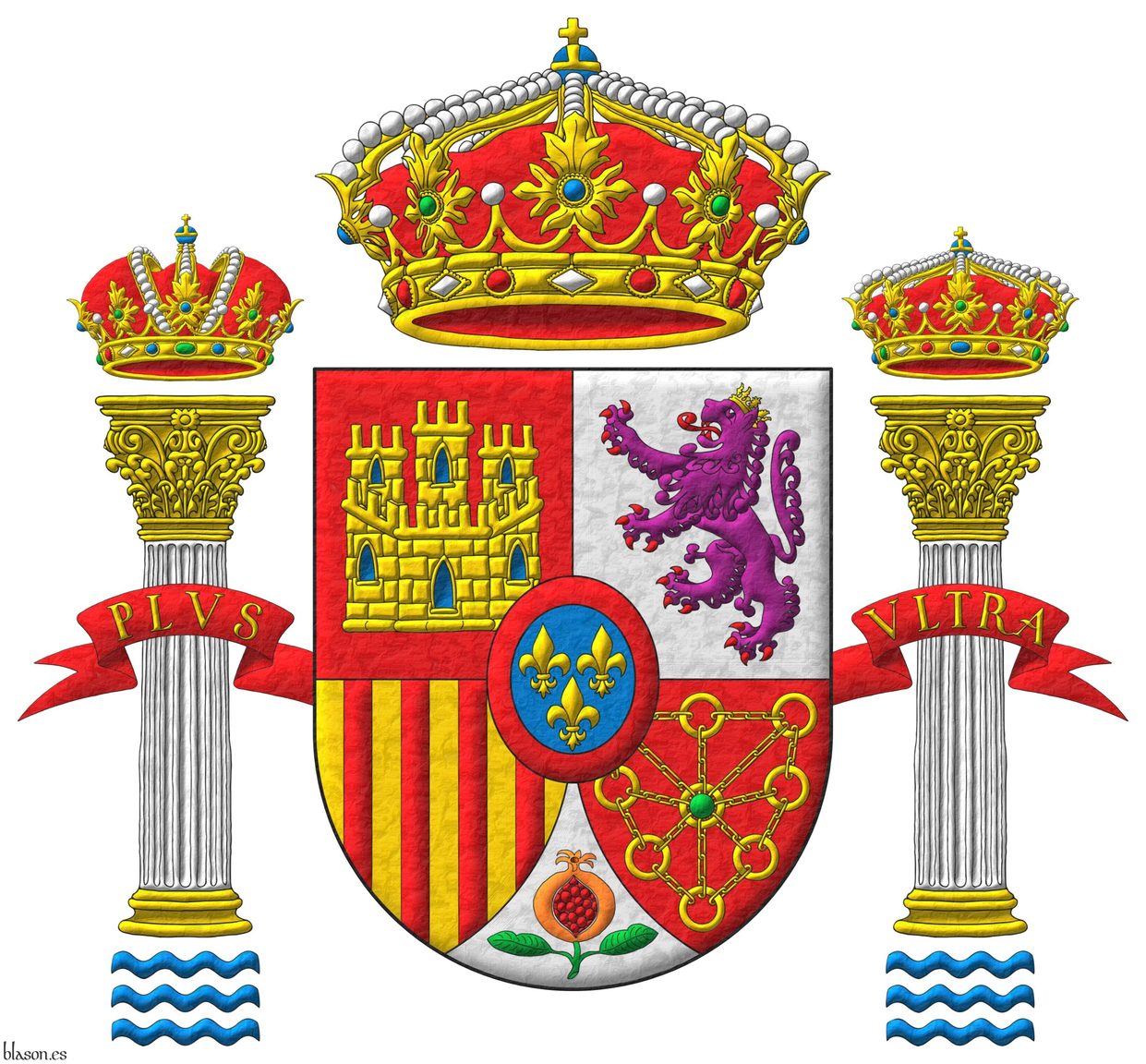 Escudo cuartelado: 1o de gules, un castillo de oro, aclarado de azur, mazonado de sable [de Castilla]; 2o de plata, un le�n rampante de p�rpura, lampasado y armado de gules, coronado de oro [de Le�n]; 3o de oro, con cuatro palos de gules [de Arag�n]; 4o de gules, una cadena puesta en orla, en cruz y en sotuer de oro, cargada en el centro de una esmeralda de sinople [de Navarra]; entado en punta de plata, una granada al natural, tajada de gules, tallada y hojada de sinople [de Granada]; un escus�n de azur, tres flores de lis de oro, 2 y 1, una bordura de gules [de Borb�n]. Timbrado de una corona real cerrada. Soportes: Dos columnas de oro, fustadas de plata acompa�adas en punta de ondas de azur y en jefe de una corona imperial la diestra y de una corona real cerrada la siniestra. Lema rodeando las columnas y pasando detr�s del escudo: �Plus Ultra� de oro sobre una filacteria de gules.