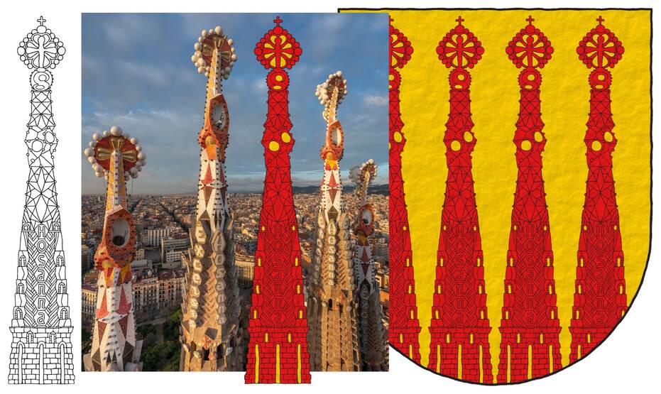 Escudo de oro, cuatro campanarios movientes de la punta de gules, aclarados de oro.