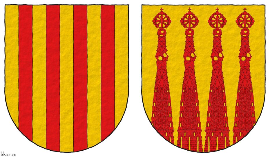 Or, four bell towers issuant from base Gules, windows Or.