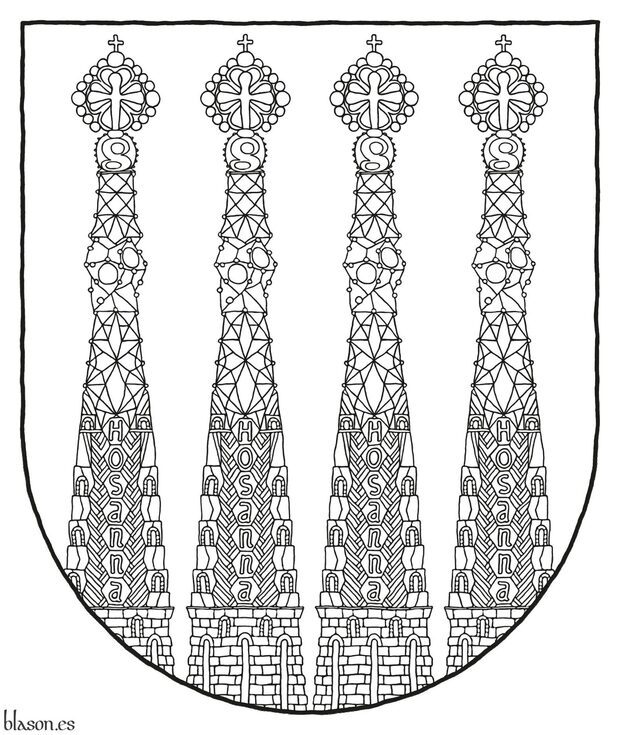Escudo de oro, cuatro campanarios movientes de la punta de gules, aclarados de oro.