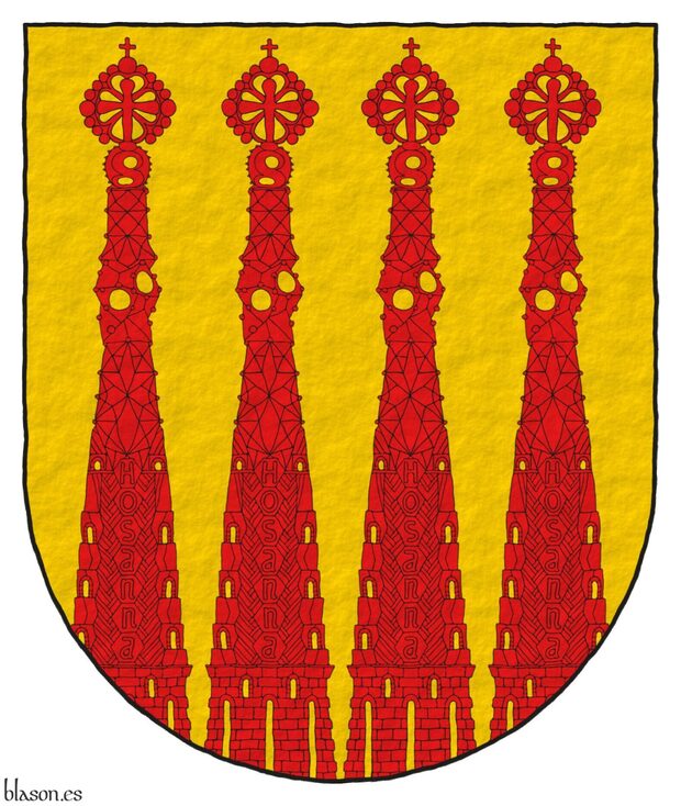 Escudo de oro, cuatro campanarios movientes de la punta de gules, aclarados de oro.
