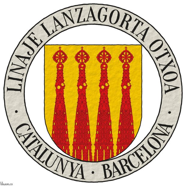 Or, four bell towers issuant from base Gules, windows Or . Motto around the shield: Linaje Lanzagorta Otxoa  Catalunya  Barcelona Sable over a scroll Argent .
