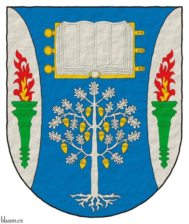 Escudo de azur, flanqueado curvo de plata: en jefe, un libro abierto de oro, hojado de plata; en punta, un roble arrancado de plata, frutado de oro; en cada flanco, una antorcha de sinople, encendida al natural.