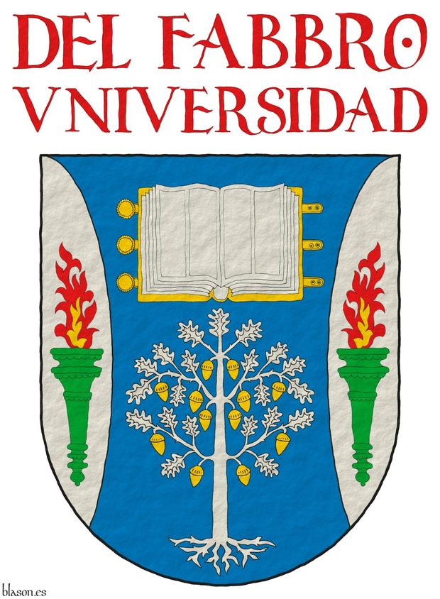 Escudo de azur, flanqueado curvo de plata: en jefe, un libro abierto de oro, hojado de plata; en punta, un roble arrancado de plata, frutado de oro; en cada flanco, una antorcha de sinople, encendida al natural. Divisa sobre el escudo: Del Fabbro Universidad de gules.