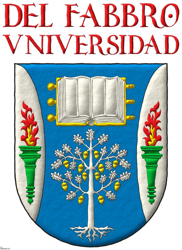 Escudo de azur, flanqueado curvo de plata: en jefe, un libro abierto de oro, hojado de plata; en punta, un roble arrancado de plata, frutado de oro; en cada flanco, una antorcha de sinople, encendida al natural. Divisa sobre el escudo: Del Fabbro Universidad de gules.