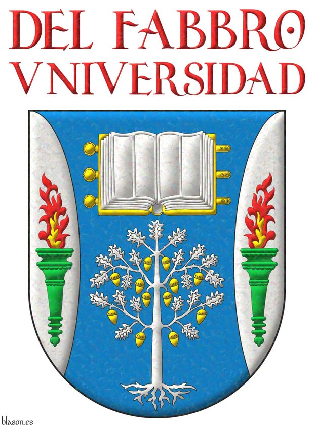 Azure, flanched Argent: in chief, an open book Argent, garnished Or; in base, an oak eradicated Argent, fructed Or; in each flank, a torch Vert, enflamed proper. Motto above the arms: Del Fabbro Universidad Gules.