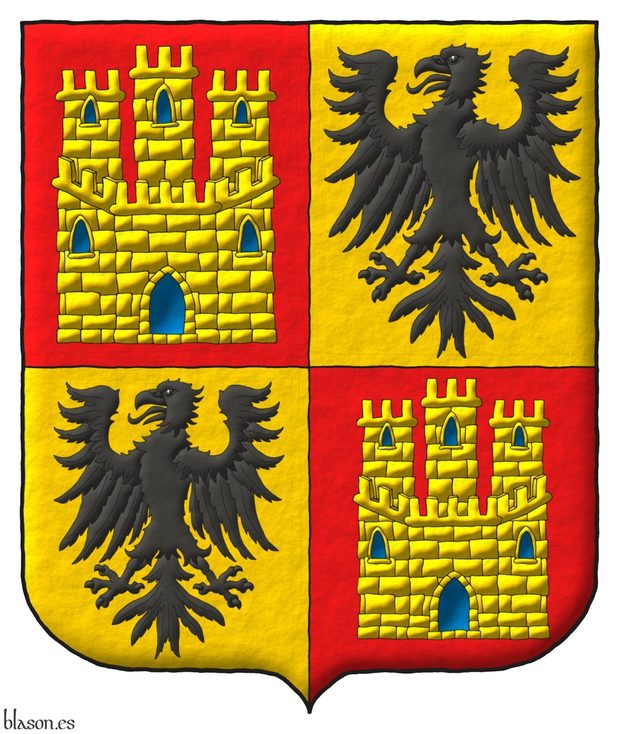 Escudo de cuartelado: 1o y 4o de gules, un castillo de oro, aclarado de azur, mazonado de sable; 2o y 3o de oro, un guila de sable.