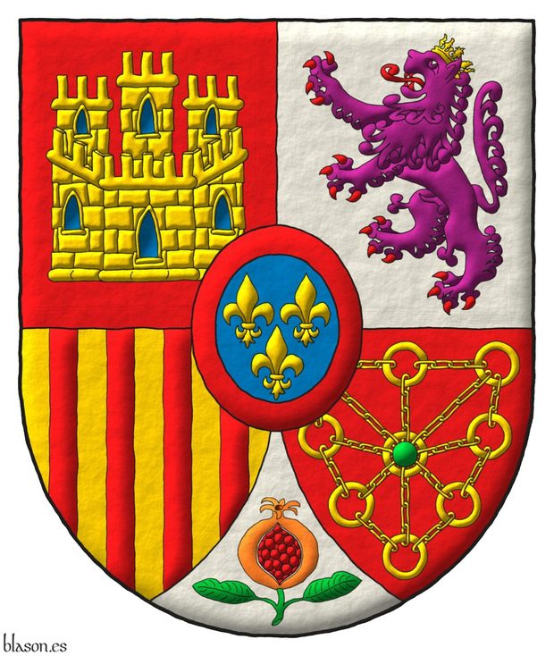 Escudo cuartelado: 1o de gules, un castillo de oro, aclarado de azur, mazonado de sable [de Castilla]; 2o de plata, un le�n rampante de p�rpura, lampasado y armado de gules, coronado de oro [de Le�n]; 3o de oro, con cuatro palos de gules [de Arag�n]; 4o de gules, una cadena puesta en orla, en cruz y en sotuer de oro, cargada en el centro de una esmeralda de sinople [de Navarra]; entado en punta de plata, una granada al natural, tajada de gules, tallada y hojada de sinople [de Granada]; un escus�n de azur, tres flores de lis de oro, 2 y 1, una bordura de gules [de Borb�n].