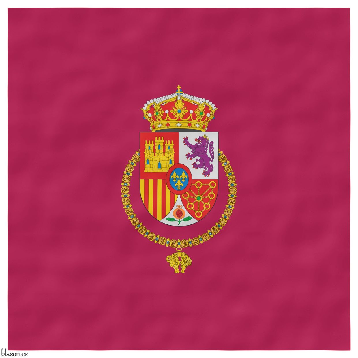 Escudo cuartelado: 1o de gules, un castillo de oro, aclarado de azur, mazonado de sable [de Castilla]; 2o de plata, un len rampante de prpura, lampasado y armado de gules, coronado de oro [de Len]; 3o de oro, con cuatro palos de gules [de Aragn]; 4o de gules, una cadena puesta en orla, en cruz y en sotuer de oro, cargada en el centro de una esmeralda de sinople [de Navarra]; entado en punta de plata, una granada al natural, tajada de gules, tallada y hojada de sinople [de Granada]; un escusn de azur, tres flores de lis de oro, 2 y 1, una bordura de gules [de Borbn]. Timbrado de una corona real cerrada. El escudo est rodeado del Toisn de Oro. Acolado detrs del escudo, un cuadrado carmes.
