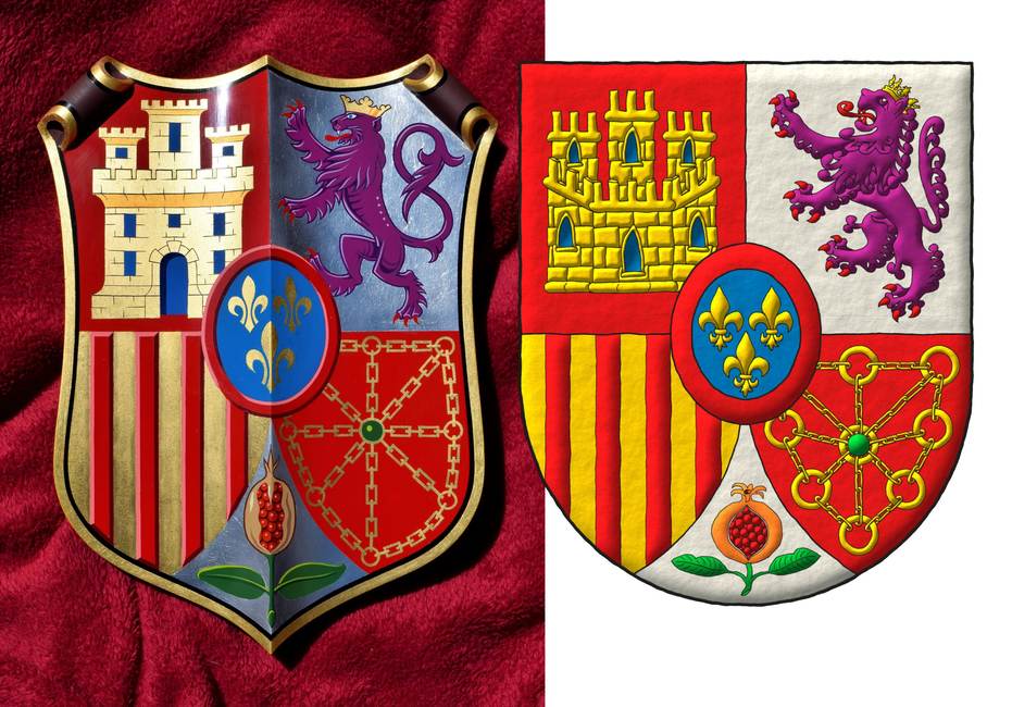 Quarterly: 1 Gules, a castle triple-towered Or, port and windows Azure, masoned Sable; 2 Argent, a lion rampant Purpure, armed and langued Gules, crowned Or; 3 Or, four pallets Gules; 4 Gules, a chain orlewise, crosswise, and saltirewise Or, charged in the fess point with an emerald Vert; ent� en point Argent, a pomegranate proper, seeded Gules, slipped and leaved Vert; an inescutcheon Azure, three fleurs de lis Or, 2 and 1, a bordure Gules.