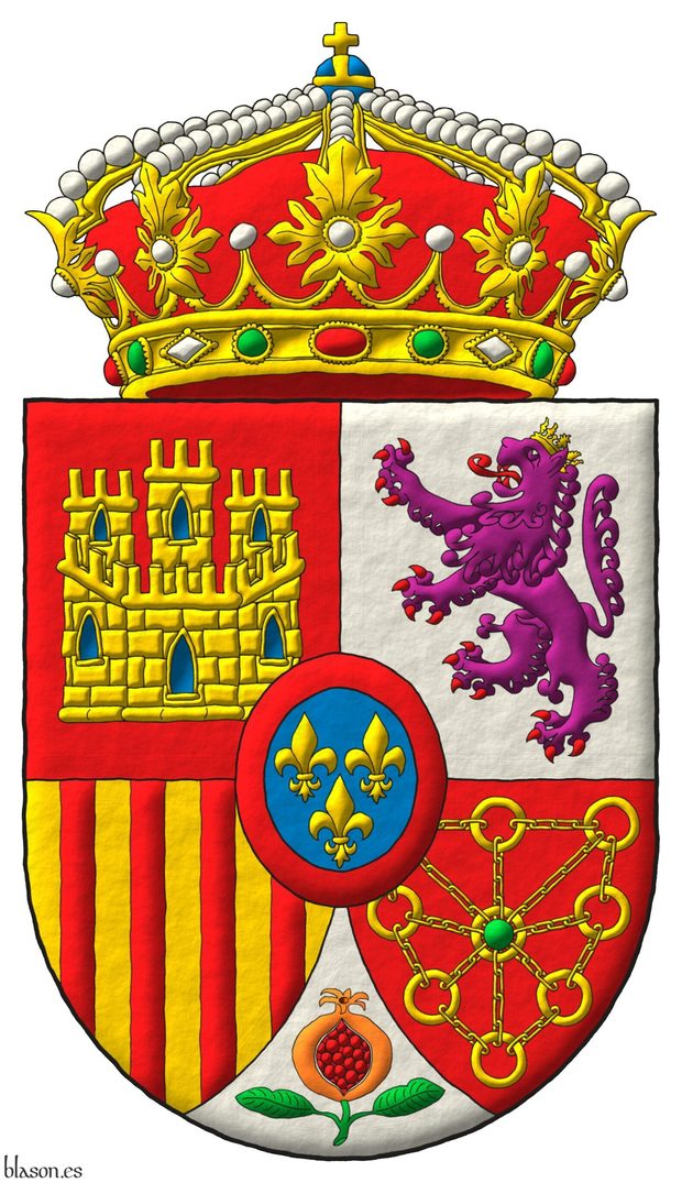 Quarterly: 1 Gules, a castle triple-towered Or, port and windows Azure, masoned Sable; 2 Argent, a lion rampant Purpure, armed and langued Gules, crowned Or; 3 Or, four pallets Gules; 4 Gules, a chain orlewise, crosswise, and saltirewise Or, charged in the fess point with an emerald Vert; ent� en point Argent, a pomegranate proper, seeded Gules, slipped and leaved Vert; an inescutcheon Azure, three fleurs de lis Or, 2 and 1, a bordure Gules. Crest: A closed royal crown.