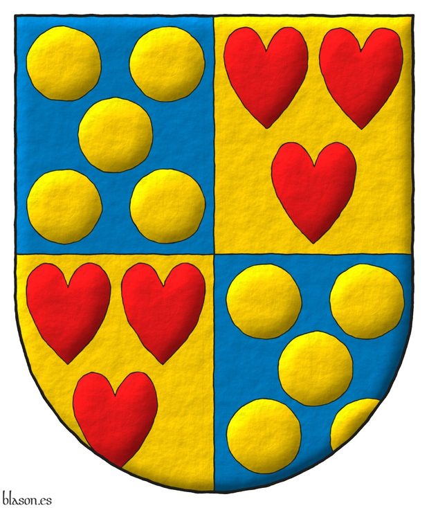 Quarterly: 1 and 4 Azure, five Bezants in saltire; 2 and 3 Or, three hearts Gules ordered.