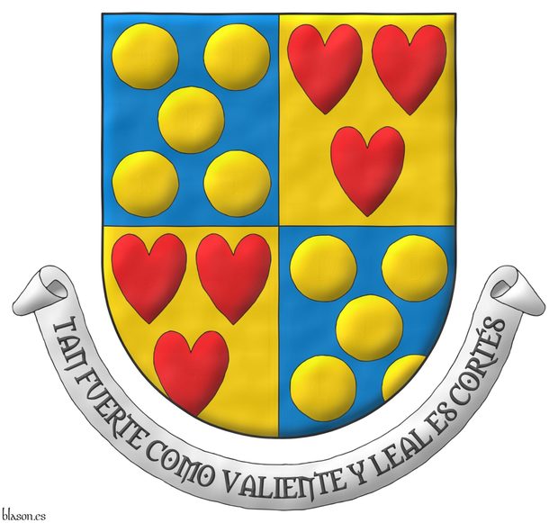 Quarterly: 1 and 4 Azure, five Bezants in saltire; 2 and 3 Or, three hearts Gules ordered. Motto: «Tan fuerte como valiente y leal es Cortés».