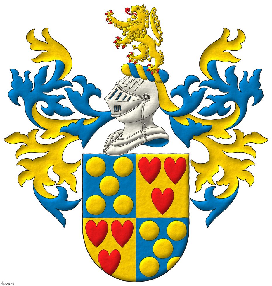 Quarterly: 1 and 4 Azure, five Bezants in saltire; 2 and 3 Or, three hearts Gules ordered. Crest: Upon a Helm Argent with a Wreath Or and Azure a Lion rampant Or, langued and armed Gules. Mantling: Azure doubled Or.
