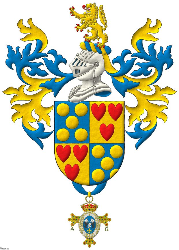 Quarterly: 1 and 4 Azure, five Bezants in saltire; 2 and 3 Or, three hearts Gules ordered. Crest: Upon a Helm Argent with a Wreath Or and Azure a Lion rampant Or, langued and armed Gules. Mantling: Azure doubled Or. Suspended from the base the insignia of the Cuerpo de la Nobleza del Principado de Asturias.