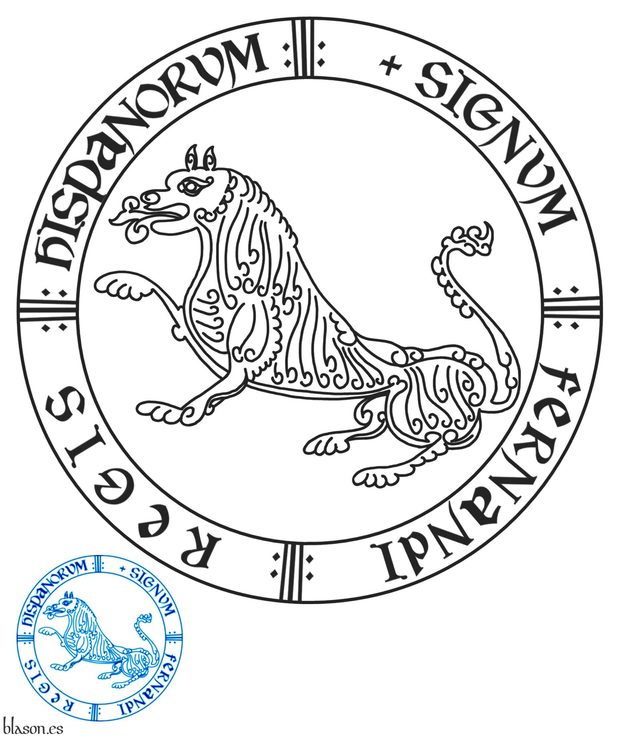 Sello rodado, un león sentado. Divisa circular: «Signum Fernandi Regis Hispanorum».