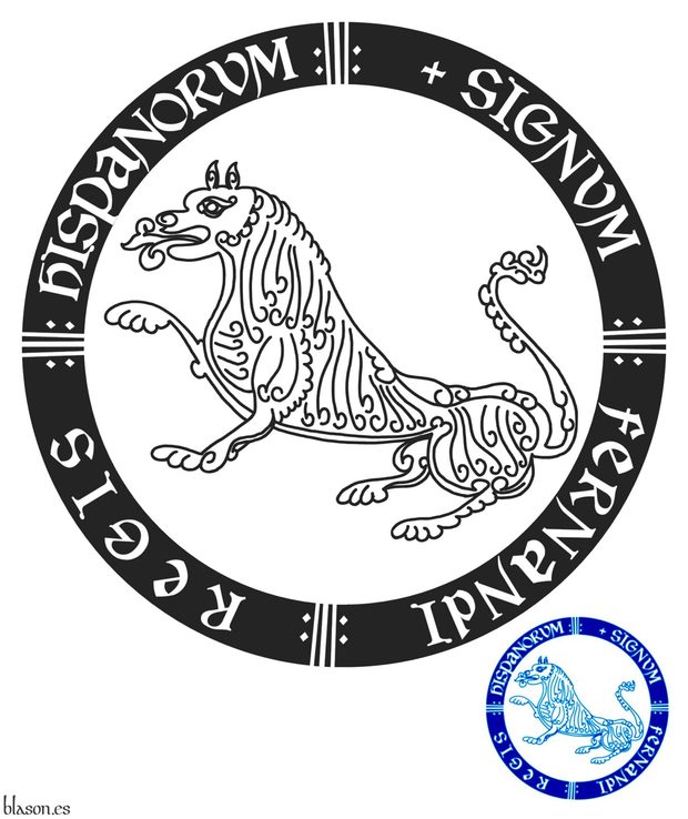 Sello rodado, un león sentado. Divisa circular: «Signum Fernandi Regis Hispanorum».