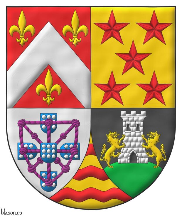 Quarterly: 1 Gules, a chevron Argent, between three fleurs de lis Or; 2 Or, five mullets in saltire Gules; 3 Argent, four escutcheons in cross Azure, each charged with nine plates, those in flank with points to center, overall a carbuncle and orle of knotted cords Purpure debruised by the center escutcheon; 4 Sable, on a mount issuant from the base Vert, a tower Argent, port, windows and masoned sable, between two wolves Or supporting it; ent� en point Or, three bars wavy Gules.