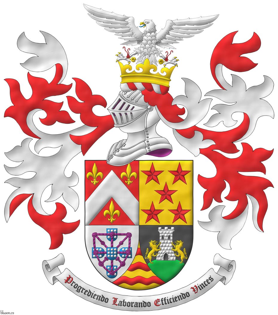 Quarterly: 1 Gules, a chevron Argent, between three fleurs de lis Or; 2 Or, five mullets in saltire Gules; 3 Argent, four escutcheons in cross Azure, each charged with nine plates, those in flank with points to center, overall a carbuncle and orle of knotted cords Purpure debruised by the center escutcheon; 4 Sable, on a mount issuant from the base Vert, a tower Argent, port, windows and masoned sable, between two wolves Or supporting it; ent� en point Or, three bars wavy Gules. Crest: Upon a helm, with a wreath Argent and Gules, on an ancient coronet Or, a falcon Argent, jessed Gules, langued Azure, armed, beaked and belled Or. Mantling: Gules doubled Argent. Motto: �Progrediendo Laborando Efficiendo Vinces�.