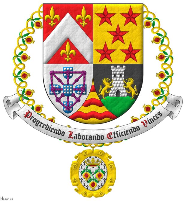 Quarterly: 1 Gules, a chevron Argent, between three fleurs de lis Or; 2 Or, five mullets in saltire Gules; 3 Argent, four escutcheons in cross Azure, each charged with nine plates, those in flank with points to center, overall a carbuncle and orle of knotted cords Purpure debruised by the center escutcheon; 4 Sable, on a mount issuant from the base Vert, a tower Argent, port, windows and masoned sable, between two wolves Or supporting it; ent� en point Or, three bars wavy Gules. Motto: �Progrediendo Laborando Efficiendo Vinces�. The shield is surrounded by the collar of the Sovereign and Most Noble Order of the Pomegranate.