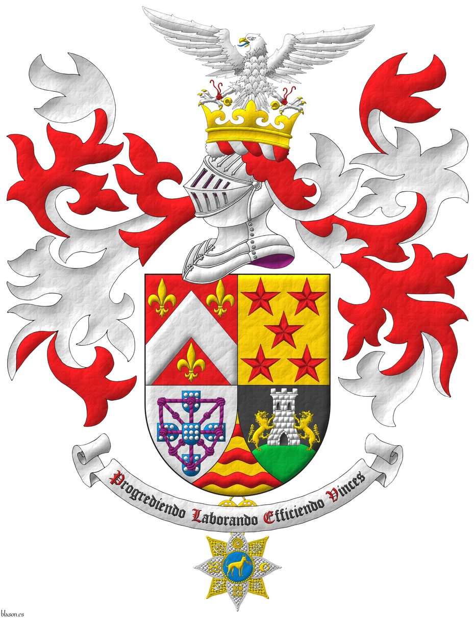 Quarterly: 1 Gules, a chevron Argent, between three fleurs de lis Or; 2 Or, five mullets in saltire Gules; 3 Argent, four escutcheons in cross Azure, each charged with nine plates, those in flank with points to center, overall a carbuncle and orle of knotted cords Purpure debruised by the center escutcheon; 4 Sable, on a mount issuant from the base Vert, a tower Argent, port, windows and masoned sable, between two wolves Or supporting it; ent� en point Or, three bars wavy Gules. Crest: Upon a helm, with a wreath Argent and Gules, on an ancient coronet Or, a falcon Argent, jessed Gules, langued Azure, armed, beaked and belled Or. Mantling: Gules doubled Argent. Motto: �Progrediendo Laborando Efficiendo Vinces�. Suspended from the shield the cross of Member of The Royal Order of the Golden Fire Dog.