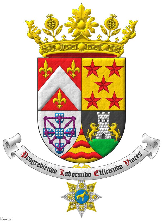 Quarterly: 1 Gules, a chevron Argent, between three fleurs de lis Or; 2 Or, five mullets in saltire Gules; 3 Argent, four escutcheons in cross Azure, each charged with nine plates, those in flank with points to center, overall a carbuncle and orle of knotted cords Purpure debruised by the center escutcheon; 4 Sable, on a mount issuant from the base Vert, a tower Argent, port, windows and masoned sable, between two wolves Or supporting it; ent� en point Or, three bars wavy Gules. Crest: a crown of the Soberana y Muy Noble Orden de la Granada. Motto: �Progrediendo Laborando Efficiendo Vinces�. Suspended from the shield the cross of Member of The Royal Order of the Golden Fire Dog.