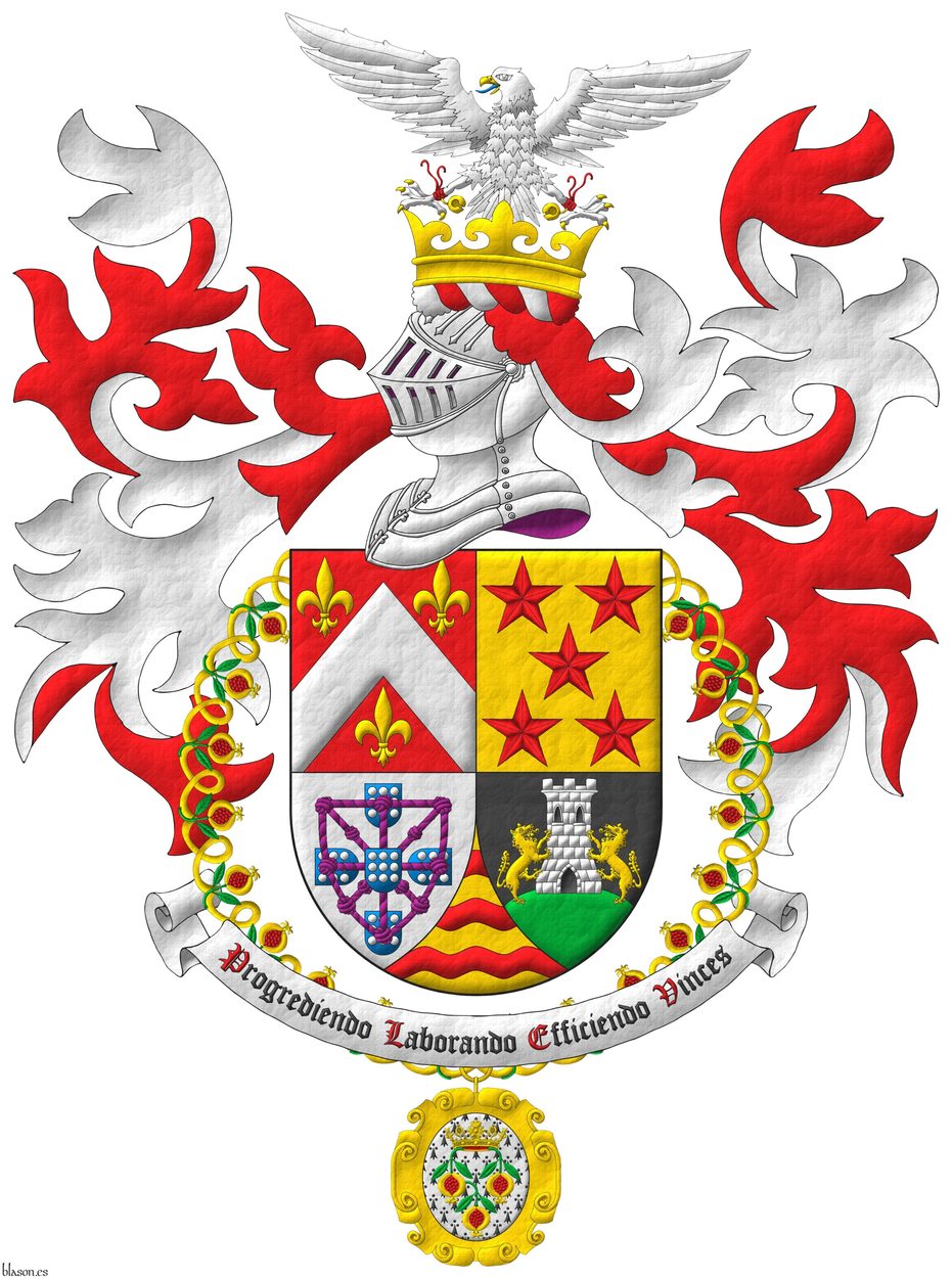 Quarterly: 1 Gules, a chevron Argent, between three fleurs de lis Or; 2 Or, five mullets in saltire Gules; 3 Argent, four escutcheons in cross Azure, each charged with nine plates, those in flank with points to center, overall a carbuncle and orle of knotted cords Purpure debruised by the center escutcheon; 4 Sable, on a mount issuant from the base Vert, a tower Argent, port, windows and masoned sable, between two wolves Or supporting it; ent� en point Or, three bars wavy Gules. Crest: Upon a helm, with a wreath Argent and Gules, on an ancient coronet Or, a falcon Argent, jessed Gules, langued Azure, armed, beaked and belled Or. Mantling: Gules doubled Argent. Motto: �Progrediendo Laborando Efficiendo Vinces�. The shield is surrounded by the collar of the Sovereign and Most Noble Order of the Pomegranate.
