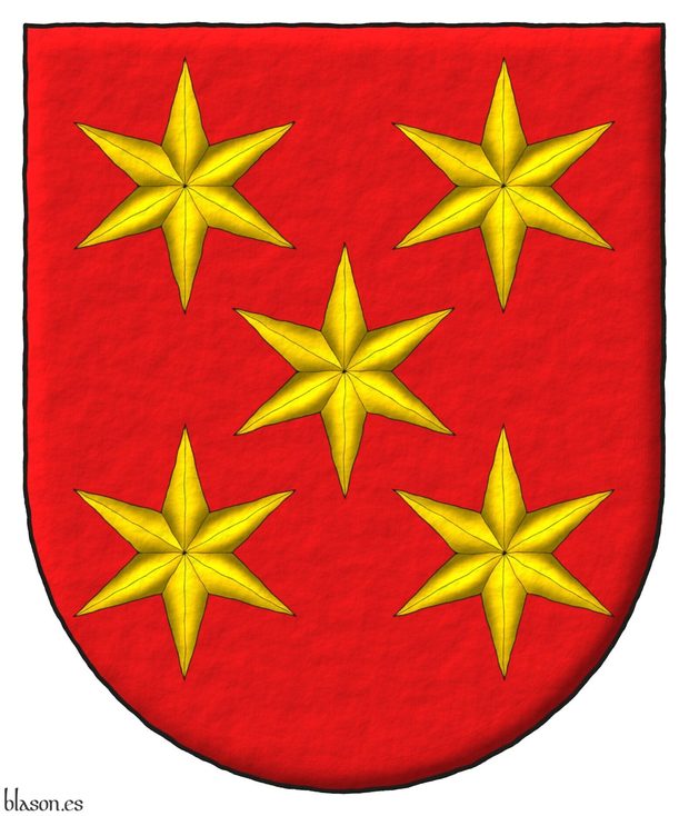 Gules, five mullets of six points Or.