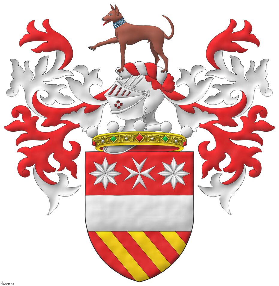 Escudo de gules, una faja acompa�ada en jefe de una cruz de malta acompa�ada de dos estrellas de ocho puntas todo de plata, y en punta tres cotizas de oro. Timbrado de un yelmo saliente de una corona de noble sumada al escudo y adornado de dos lambrequines de gules doblados de plata, un burelete de plata y gules, cimado de un podenco Cirneco del Etna al natural, acollarado de meandros de azur y plata.
