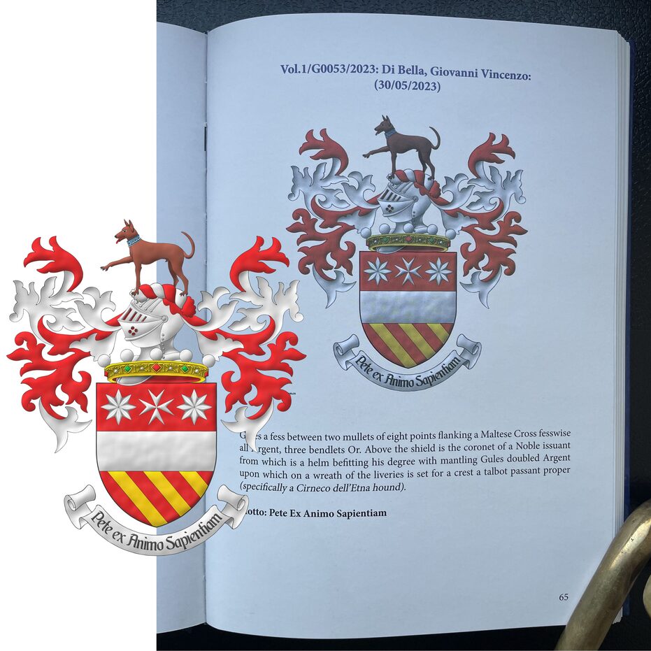 Escudo de gules, una faja acompa�ada en jefe de una cruz de malta acompa�ada de dos estrellas de ocho puntas todo de plata, y en punta tres cotizas de oro. Timbrado de un yelmo saliente de una corona de noble sumada al escudo y adornado de dos lambrequines de gules doblados de plata, un burelete de plata y gules, cimado de un podenco Cirneco del Etna al natural, acollarado de meandros de azur y plata. Lema: �Pete ex Animo Sapientiam�.