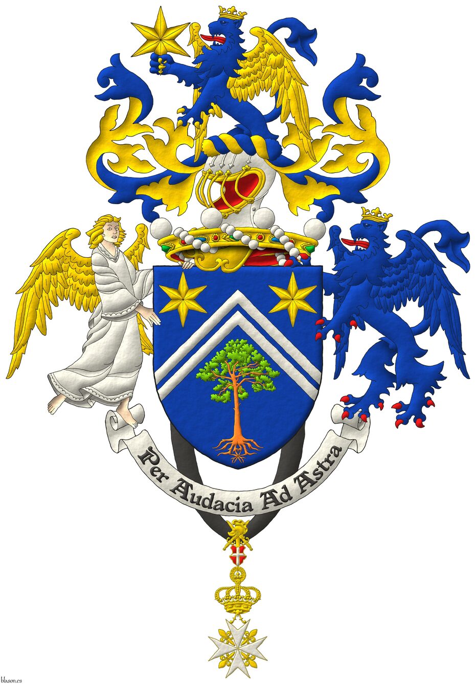 Azure, two chevronels Argent between in chief two mullets of six points Or, and in base a Scots pine eradicated proper. Crest: Upon a helm befitting his degree issuant from a crown of Baron above the shield and with a wreath Or and Azure, a demi-lion Azure, langued Gules, wings displayed, armed, crowned with an ancient coronet, and grasping in its claws by its lowest point a mullet of six points Or. Mantling: Azure doubled Or. Supporters: Dexter, an angel proper, vested Argent, crined and winged Or; and sinister, a winged lion rampant Azure, langued and armed Gules, crowned with an ancient coronet Or. Motto: �Per audacia ad astra�. Suspended from the shield the cross of Knight of Grace and Devotion of the Sovereign Military Order of Malta.