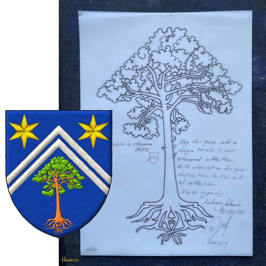 Escudo de azur, dos tenazas de plata, en cada flanco del jefe dos estrellas de seis puntas de oro y en la punta un pino silvestre (Pinus sylvestris) arrancado al natural.