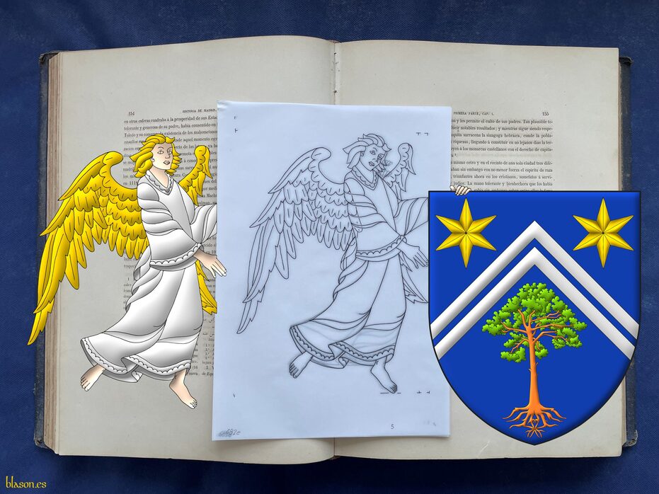 Escudo de azur, dos tenazas de plata, acompa�adas en jefe de dos estrellas de seis puntas de oro y en la punta un pino silvestre (Pinus sylvestris) arrancado al natural. Por soporte, a la diestra, un �ngel de carnaci�n, vestido de plata, cabellado y alado de oro.
