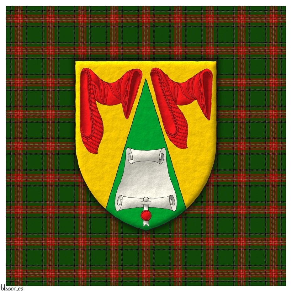 Escudo de oro, en una pira de sinople acompa�ada de dos mangas de gules, un pergamino abierto de plata, con un sello de lacre pendiente al natural.