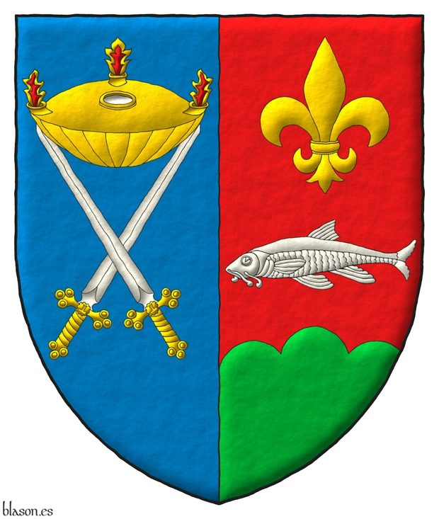 Party per pale: 1 Azure, on two swords in saltire Argent, hilted Or, an oil lamp (oleum lucerna) Or, its eyelet Argent, enflamed of three flames proper; 2 Gules, at the nombril, a barbel naiant Argent between in chief a fleur de lis Or, and in base a trimount Vert.