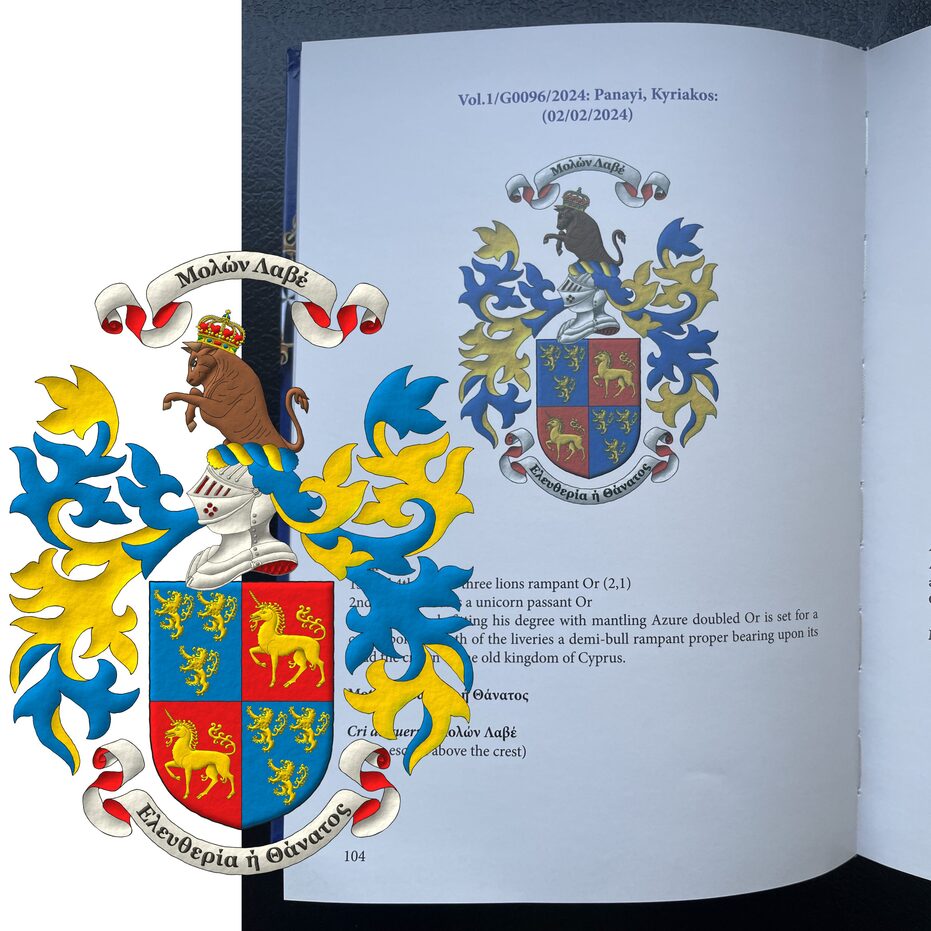 Escudo cuartelado: 1o y 4o de azur, tres leones rampantes de oro, 2 y 1; 2o y 3o de gules, un unicornio pasante de oro. Timbrado de un yelmo acorde con su rango, adornado de dos lambrequines de azur doblados de oro, un burelete de oro y azur, cimado de un toro saliente al natural, coronado de la corona del antiguo reino de Chipre. Lema: �Ελευθερία ή Θάνατος�. Grito de guerra sobre la cimera: �Μολών Λαβέ�.