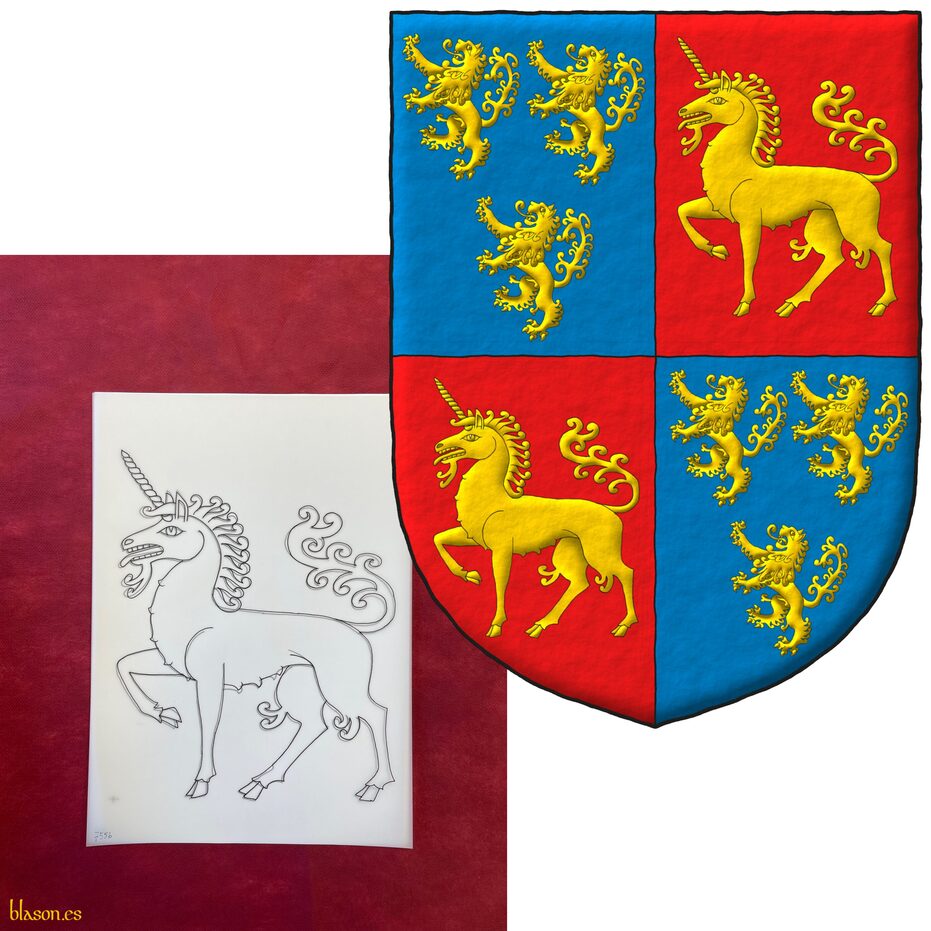 Escudo cuartelado: 1o y 4o de azur, tres leones rampantes de oro, 2 y 1; 2o y 3o de gules, un unicornio pasante de oro.