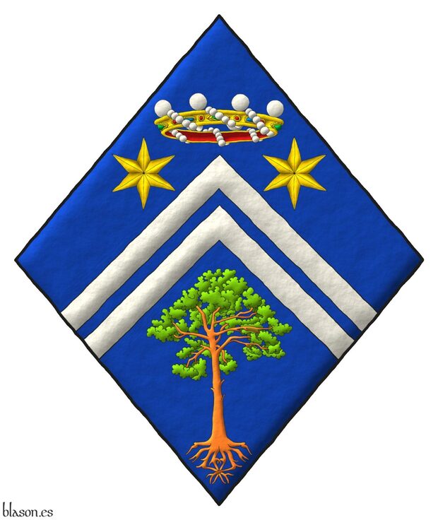 Escudo de azur, dos tenazas de plata, en cada flanco del jefe dos estrellas de seis puntas de oro surmontadas de una corona de bar�n y en la punta un pino silvestre (Pinus sylvestris) arrancado al natural.