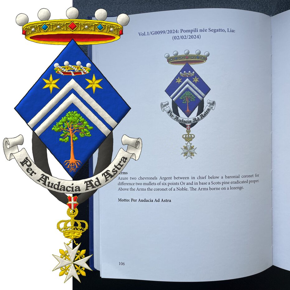 Azure, two chevronels Argent between in chief two mullets of six points Or, and in base a Scots pine eradicated proper [Grant G0066]; the whole debruised by a baronial coronet for difference. Crest: A crown of noble. Motto: �Per audacia ad astra�. Suspended from the shield the cross of Dame of Grace and Devotion of the Sovereign Military Hospitaller Order of Saint John of Jerusalem, of Rhodes and of Malta.
