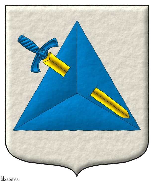 Escudo de plata, un tetraedro de azur, atravesado de una espada puesta en banda, bajada de oro, guarnecida de azur.